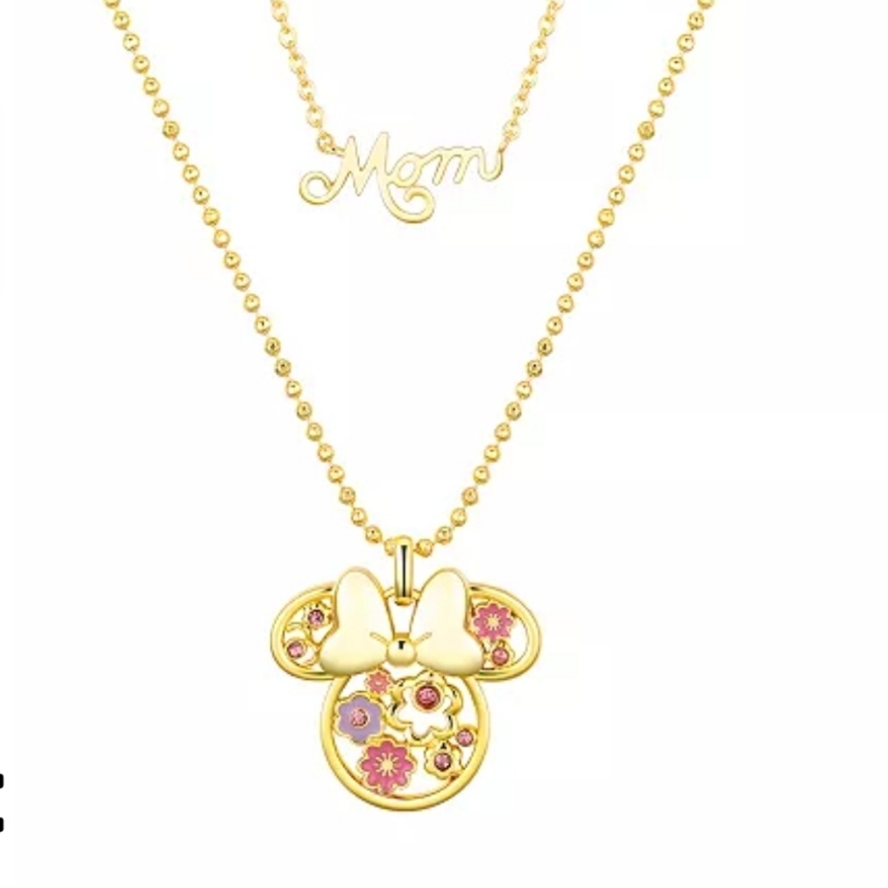 Pink Crystal Minnie Mouse Flower Mom Layered Pendant Necklace